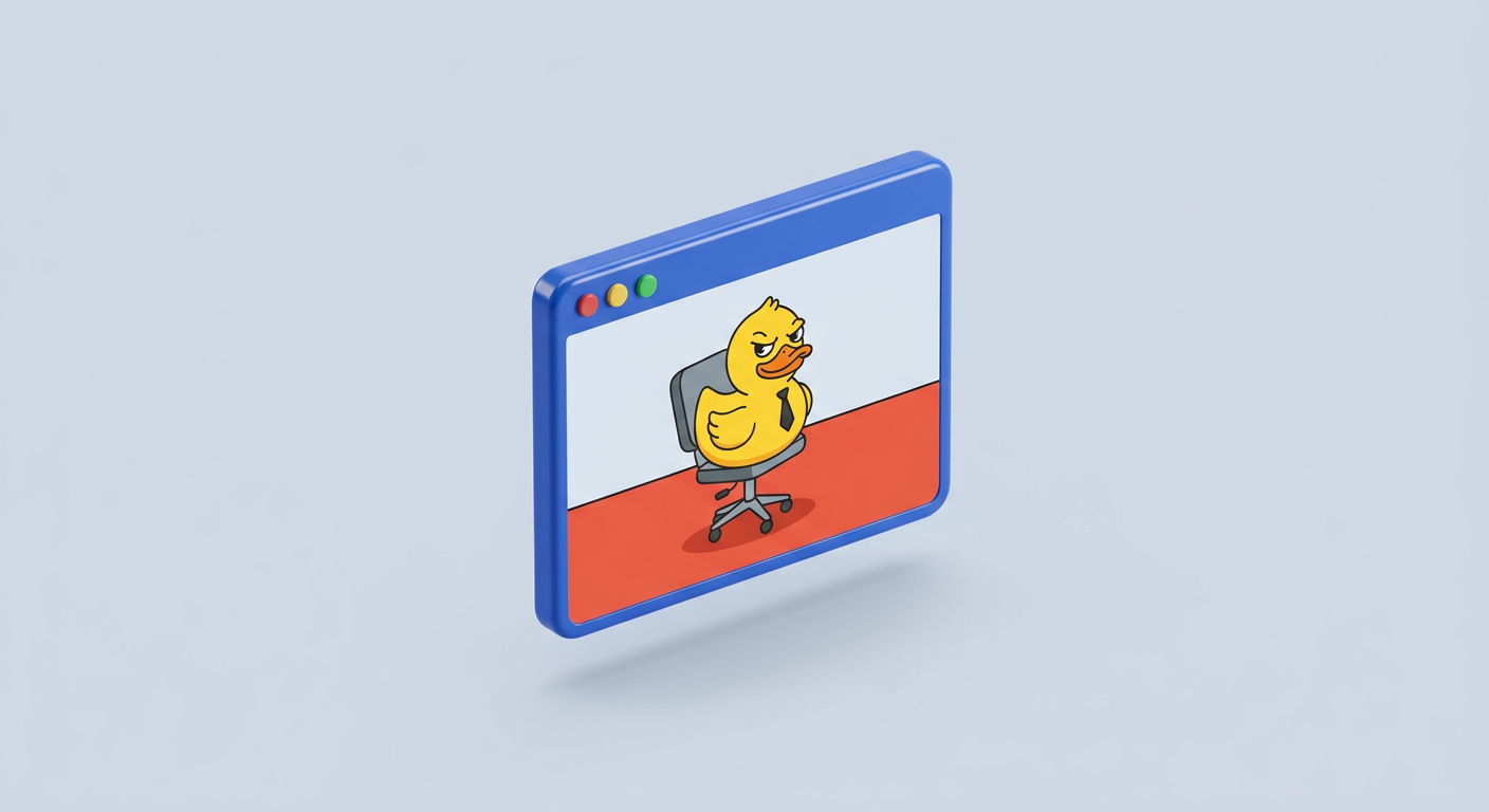 A rubber duck in a tie sitting in an office chair inside a floating browser window