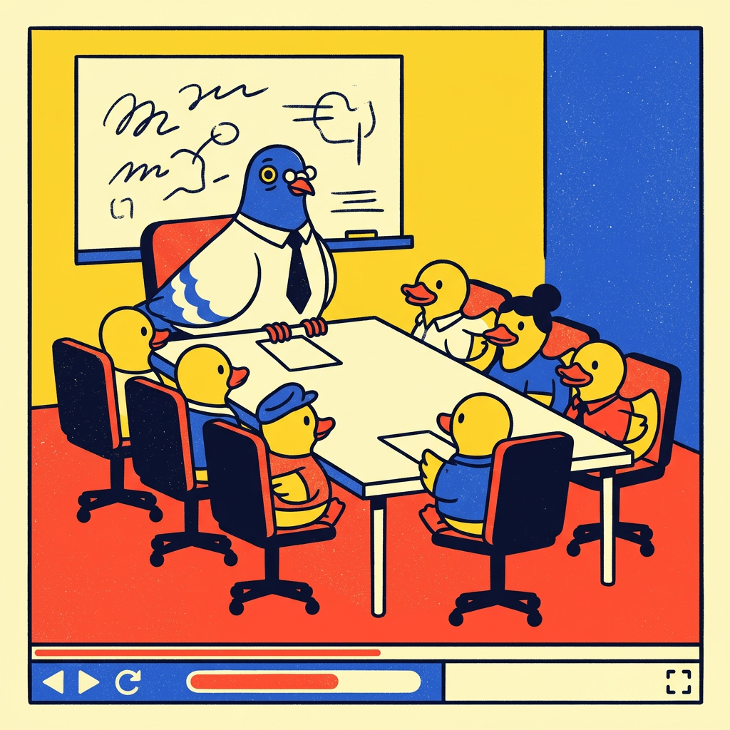 Sample game art: a pigeon in a tie chairs a meeting of rubber ducks around a long table
