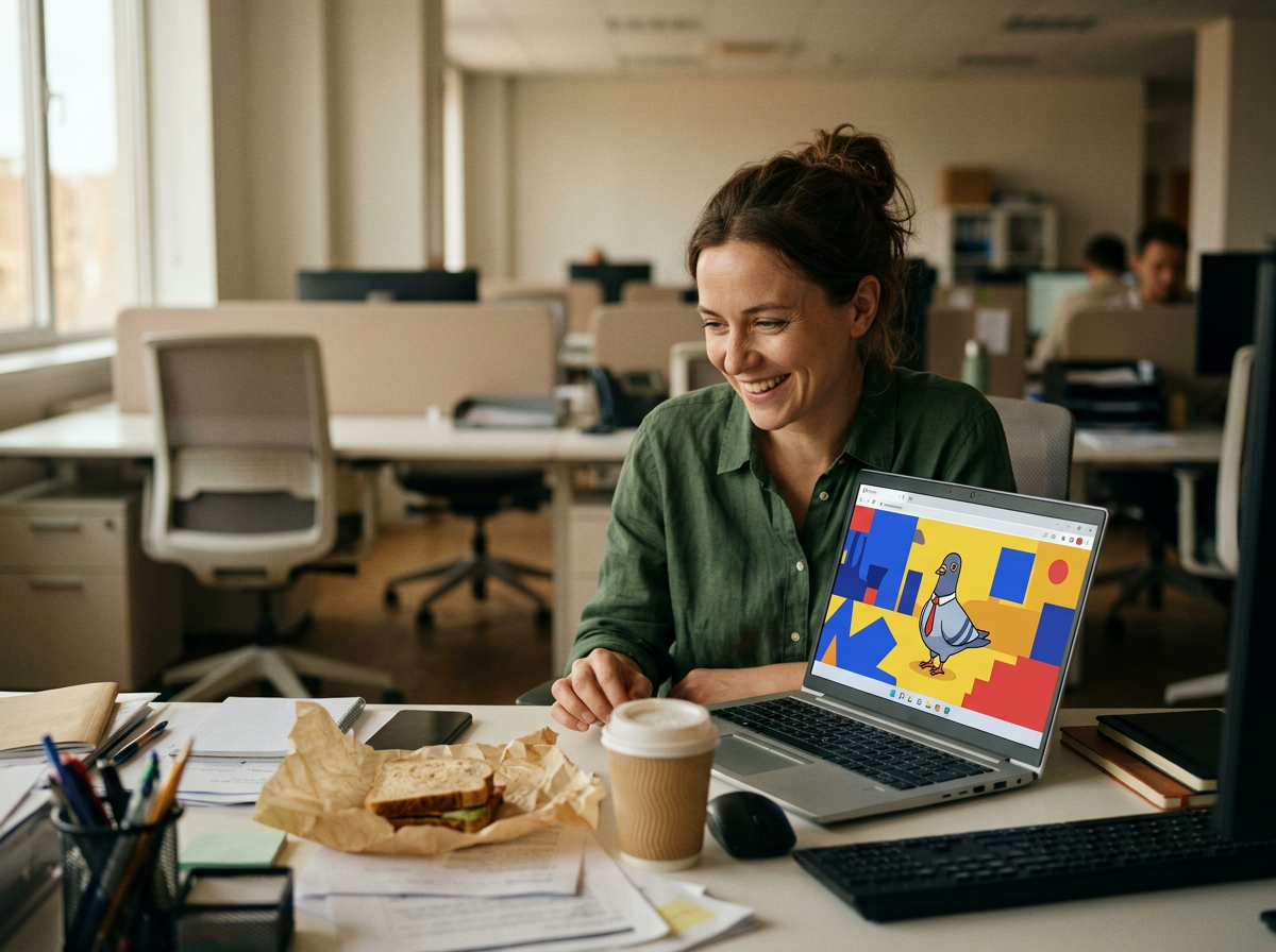 A woman at an office desk laughing at a bright cartoon game open in a laptop browser tab, a sandwich and coffee beside her